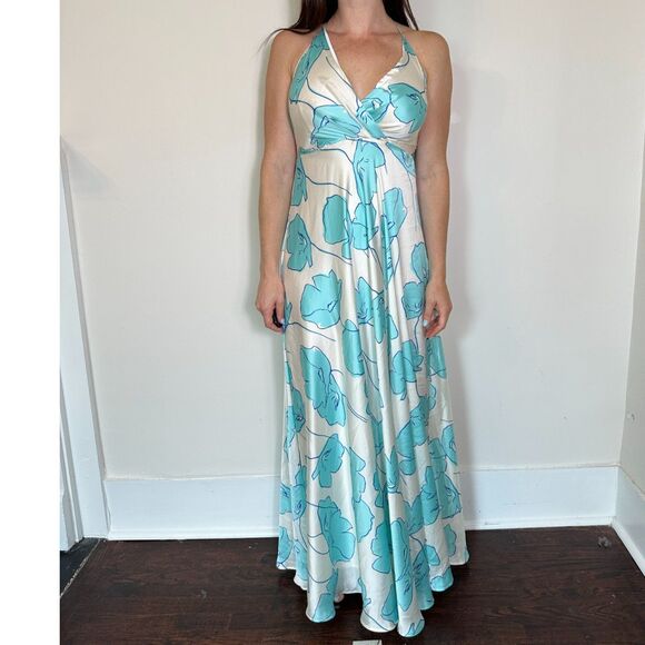 Artigli White Blue Floral Satiny Maxi Dress fits Like Size 2 NWT - Picture 1 of 5